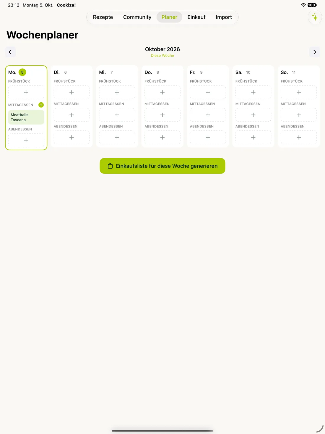 Cookiza! iPad – Die Woche mit Lieblingsgerichten füllen.